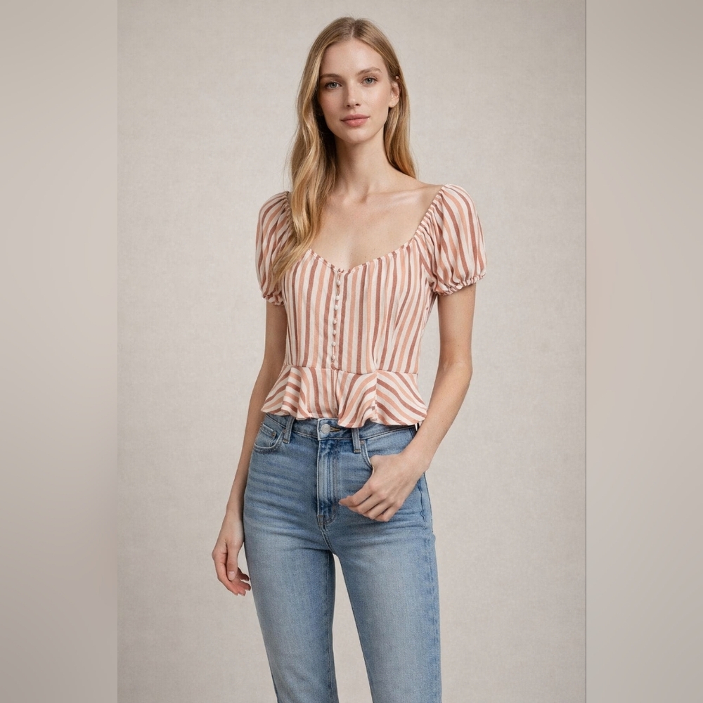 NWOT Forever 21 Size S Striped Puff Sleeve Top Off Shoulders